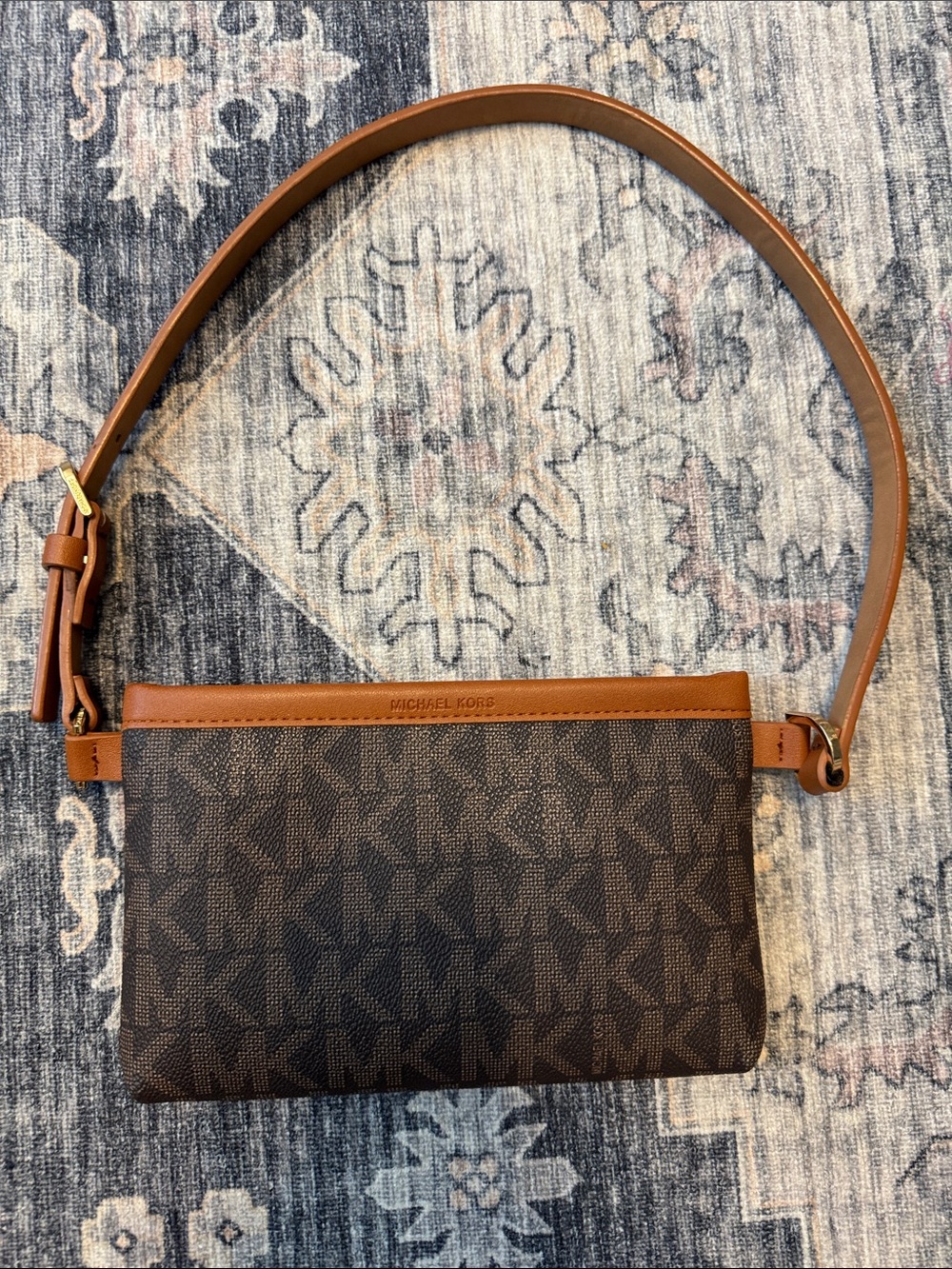 Michael Kors Brown Signature Monogram Crossbody with Tan Trim